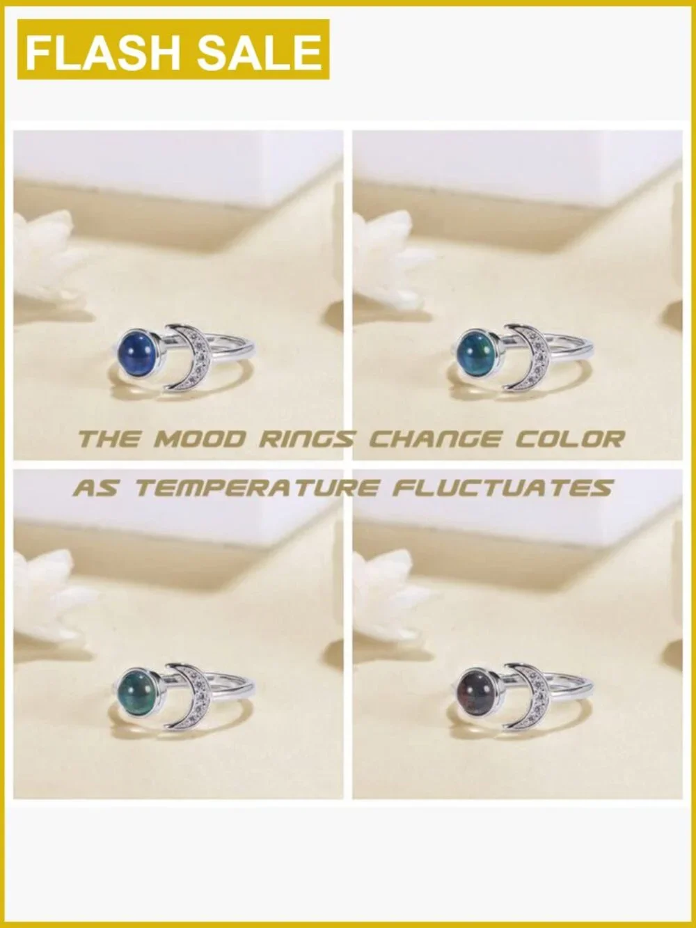 Adjustable Sterling Silver Moon Star Mood Ring Statement Jewelry